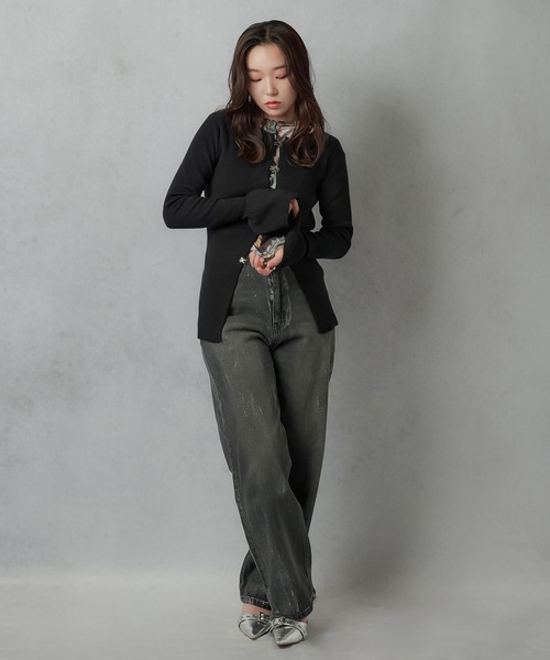 ルネ♡フロントパール　カーディガン leune（ルネ） カーディガン パール付きビッグカラーニット