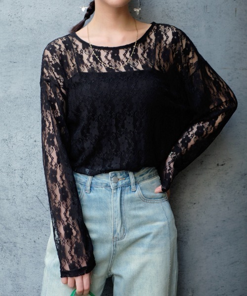 Rejoule(リジュール)の「レース長袖シアートップス(Tシャツ/カットソー・レディース・オフホワイト/ブラック・FREE)」の1枚目の写真