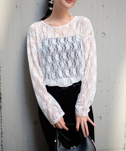 Rejoule(リジュール)の「レース長袖シアートップス(Tシャツ/カットソー・レディース・オフホワイト/ブラック・FREE)」の3枚目の写真