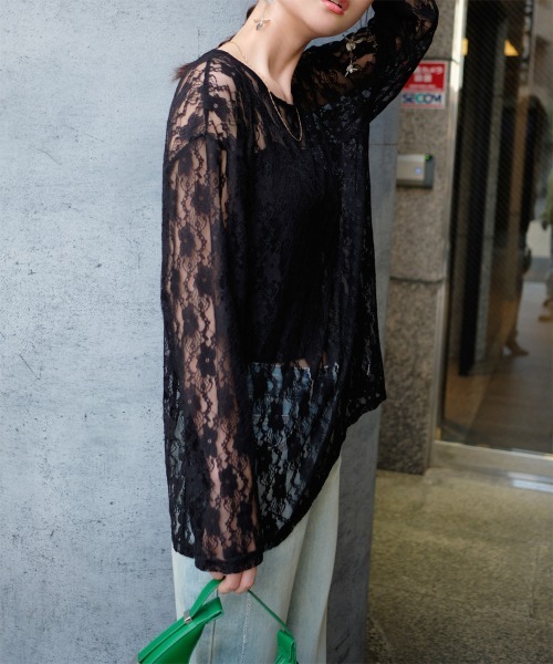 Rejoule(リジュール)の「レース長袖シアートップス(Tシャツ/カットソー・レディース・オフホワイト/ブラック・FREE)」の9枚目の写真