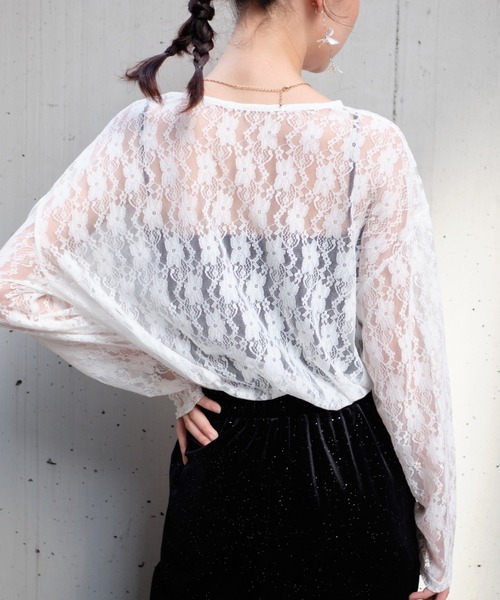 Rejoule(リジュール)の「レース長袖シアートップス(Tシャツ/カットソー・レディース・オフホワイト/ブラック・FREE)」の4枚目の写真