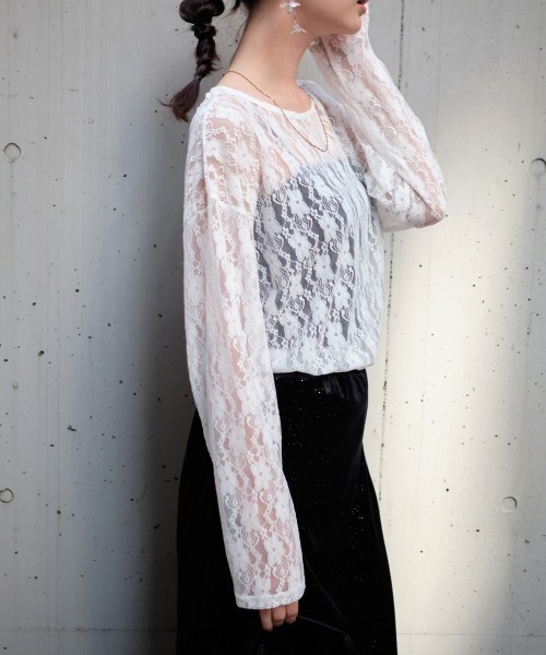 Rejoule(リジュール)の「レース長袖シアートップス(Tシャツ/カットソー・レディース・オフホワイト/ブラック・FREE)」の5枚目の写真