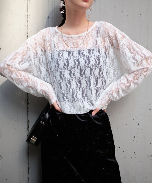 Rejoule(リジュール)の「レース長袖シアートップス(Tシャツ/カットソー・レディース・オフホワイト/ブラック・FREE)」の6枚目の写真