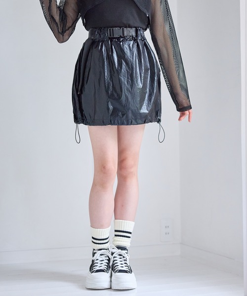【新品】DIANTE☆シャギーミニスカート／ホワイト×ブラック SHAGGIE（シャギー）の「レースギャザーミニスカート（スカート