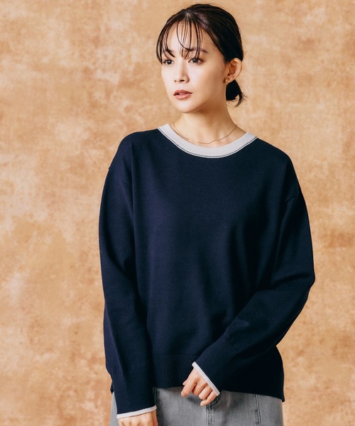 BLUE WORKWEAR ダークブルー ニット L ウール シルク コットン 追加4》FOXMIXクルーネックプルオーバー（ニット／セーター