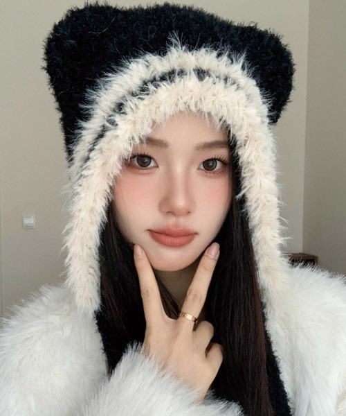 SPIGA(スピーガ)の「猫耳シャギー配色ニット帽(ニットキャップ/ビーニー・レディース・グレー/オフホワイト/ピンク/ブラウン/ブラック・FREE)」の8枚目の写真