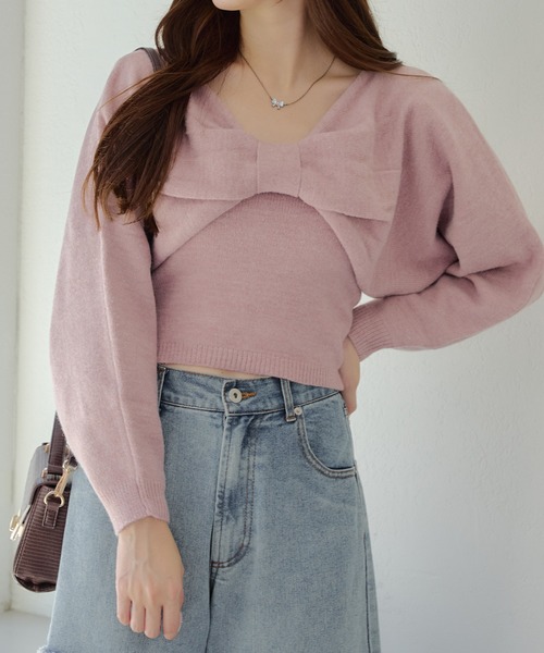 continuer de NICE CLAUP（コンティニューデナイスクラップ）の「2WAYリボンニット+キャミセット（ニット/セーター・レディース・グレー/アイボリー/チャコール/ピンク・FREE）」の4枚目の写真