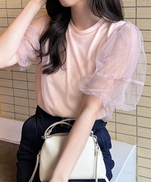 RANAN（ラナン）の「チュールレイヤードボリューム袖トップス（Tシャツ/カットソー・レディース・ブラック/オフホワイト/ピンク/チャコール・LL/L/M）」の4枚目の写真