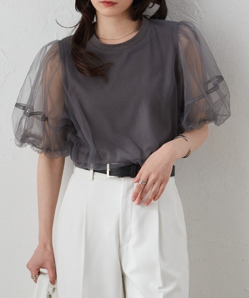 RANAN（ラナン）の「チュールレイヤードボリューム袖トップス（Tシャツ/カットソー・レディース・ブラック/オフホワイト/ピンク/チャコール・LL/L/M）」の3枚目の写真