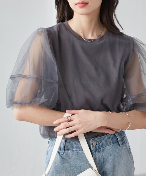 RANAN（ラナン）の「チュールレイヤードボリューム袖トップス（Tシャツ/カットソー・レディース・ブラック/オフホワイト/ピンク/チャコール・LL/L/M）」の17枚目の写真