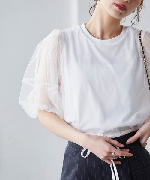 RANAN（ラナン）の「チュールレイヤードボリューム袖トップス（Tシャツ/カットソー・レディース・ブラック/オフホワイト/ピンク/チャコール・LL/L/M）」の13枚目の写真