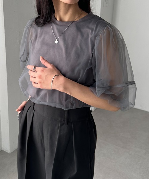 RANAN（ラナン）の「チュールレイヤードボリューム袖トップス（Tシャツ/カットソー・レディース・ブラック/オフホワイト/ピンク/チャコール・LL/L/M）」の18枚目の写真