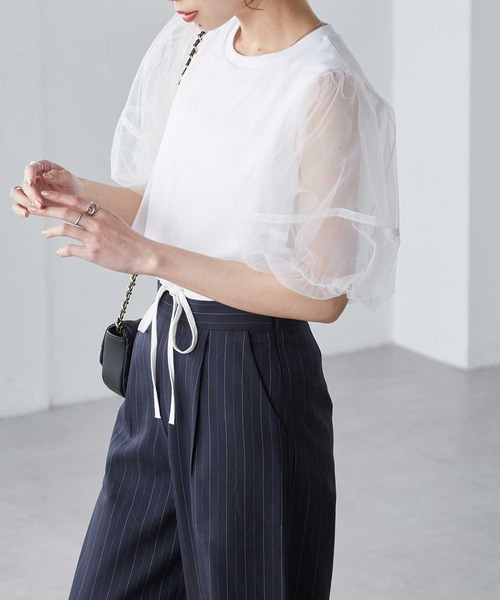 RANAN（ラナン）の「チュールレイヤードボリューム袖トップス（Tシャツ/カットソー・レディース・ブラック/オフホワイト/ピンク/チャコール・LL/L/M）」の16枚目の写真