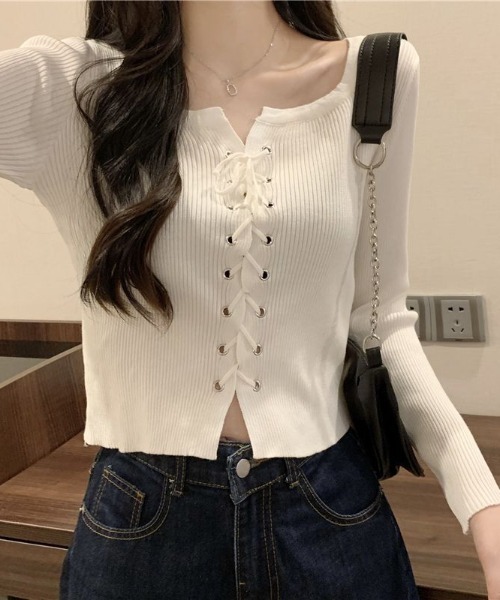 paravion（パラビオン）の「レースアップリブニット（Tシャツ/カットソー・レディース・ブラック/グレー/オフホワイト/ホワイト・FREE）」の2枚目の写真