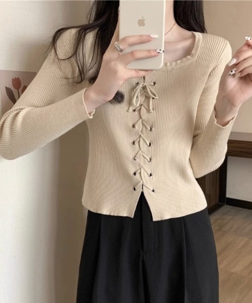 paravion（パラビオン）の「レースアップリブニット（Tシャツ/カットソー・レディース・ブラック/グレー/オフホワイト/ホワイト・FREE）」の3枚目の写真