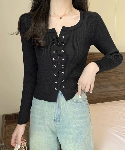 paravion（パラビオン）の「レースアップリブニット（Tシャツ/カットソー・レディース・ブラック/グレー/オフホワイト/ホワイト・FREE）」の4枚目の写真