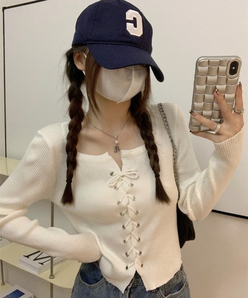 paravion（パラビオン）の「レースアップリブニット（Tシャツ/カットソー・レディース・ブラック/グレー/オフホワイト/ホワイト・FREE）」の8枚目の写真