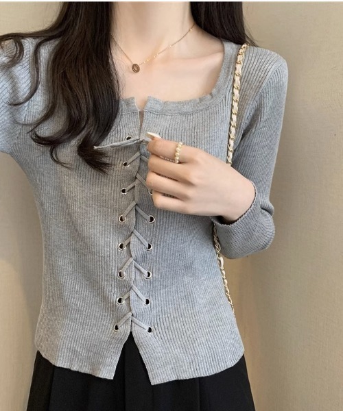 paravion（パラビオン）の「レースアップリブニット（Tシャツ/カットソー・レディース・ブラック/グレー/オフホワイト/ホワイト・FREE）」の10枚目の写真