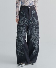 【TAAKK/ターク】DENIM WIDE PANTS(刺繍)/ワイドデニムパンツ