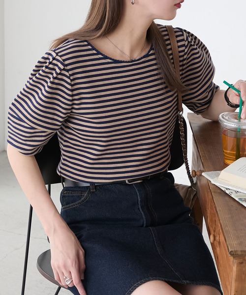 BONLECILL(ボンルシール)の「【イージーケア/マシンウォッシャブル】ランタンスリーブスカラップレースリブT(Tシャツ/カットソー・レディース・レッド/ブラック×ホワイト/ネイビー系1/オフホワイト/チャコールグレー/ブラック/ネイビー/グリーン・FREE)」の7枚目の写真