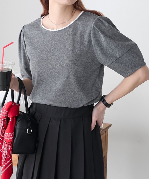 BONLECILL(ボンルシール)の「【イージーケア/マシンウォッシャブル】ランタンスリーブスカラップレースリブT(Tシャツ/カットソー・レディース・レッド/ブラック×ホワイト/ネイビー系1/オフホワイト/チャコールグレー/ブラック/ネイビー/グリーン・FREE)」の4枚目の写真