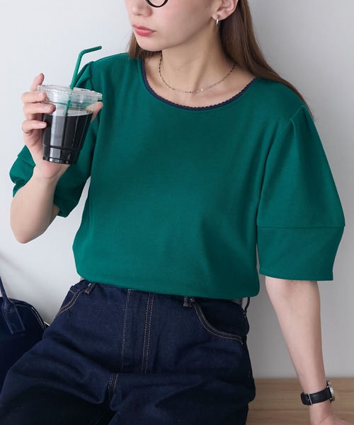 BONLECILL(ボンルシール)の「【イージーケア/マシンウォッシャブル】ランタンスリーブスカラップレースリブT(Tシャツ/カットソー・レディース・レッド/ブラック×ホワイト/ネイビー系1/オフホワイト/チャコールグレー/ブラック/ネイビー/グリーン・FREE)」の5枚目の写真