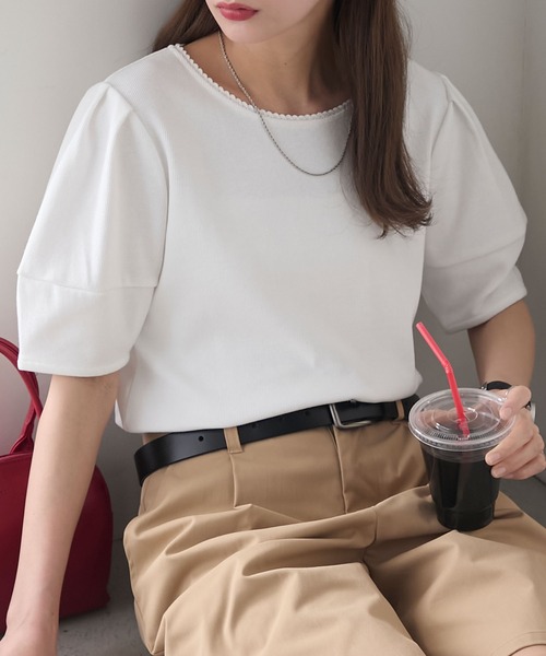 BONLECILL(ボンルシール)の「【イージーケア/マシンウォッシャブル】ランタンスリーブスカラップレースリブT(Tシャツ/カットソー・レディース・レッド/ブラック×ホワイト/ネイビー系1/オフホワイト/チャコールグレー/ブラック/ネイビー/グリーン・FREE)」の9枚目の写真