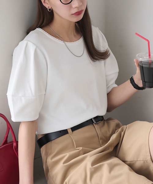 BONLECILL(ボンルシール)の「【イージーケア/マシンウォッシャブル】ランタンスリーブスカラップレースリブT(Tシャツ/カットソー・レディース・レッド/ブラック×ホワイト/ネイビー系1/オフホワイト/チャコールグレー/ブラック/ネイビー/グリーン・FREE)」の16枚目の写真
