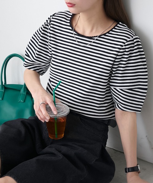 BONLECILL(ボンルシール)の「【イージーケア/マシンウォッシャブル】ランタンスリーブスカラップレースリブT(Tシャツ/カットソー・レディース・レッド/ブラック×ホワイト/ネイビー系1/オフホワイト/チャコールグレー/ブラック/ネイビー/グリーン・FREE)」の17枚目の写真