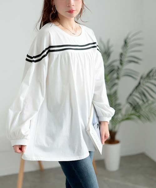 GOLDJAPAN(ゴールドジャパン)の「配色ラインフレアプルオーバー【大きいサイズ対応】(Tシャツ/カットソー・レディース・ブラック/ホワイト・LL~3L/4L~5L)」の1枚目の写真