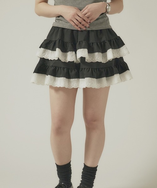 スカート [PLZPROJECT] MIDDLE FRILL SKIRT 2color 】アシンメトリーレースフリルスカート ／ asymmetrical