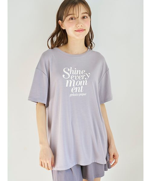 新品✨ジェラートピケ【接触冷感】ロゴTシャツ&リブショートパンツセット グレー セール】【接触冷感】ロゴTシャツ&リブショートパンツセット