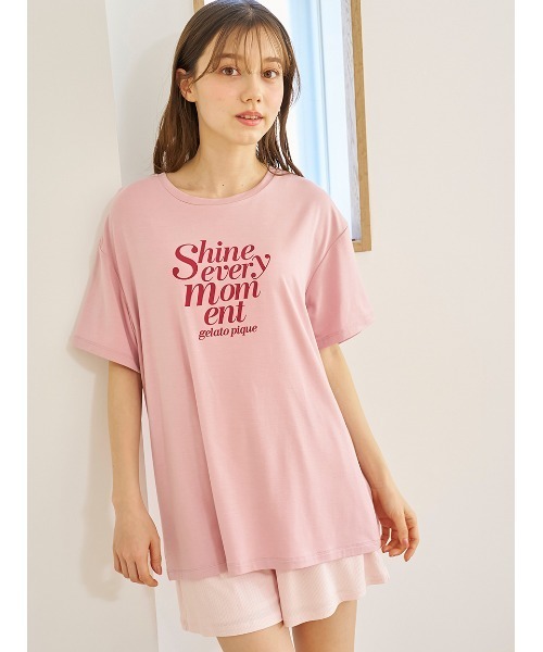 【新品】gelato pique スムーズィロゴルームウェア 上下セット/ピンク セール】【接触冷感】ロゴTシャツ&リブショートパンツセット