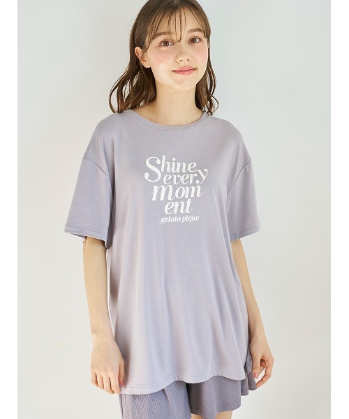 新品✨ジェラートピケ【接触冷感】ロゴTシャツ&リブショートパンツセット グレー セール】【接触冷感】ロゴTシャツ&リブショートパンツセット