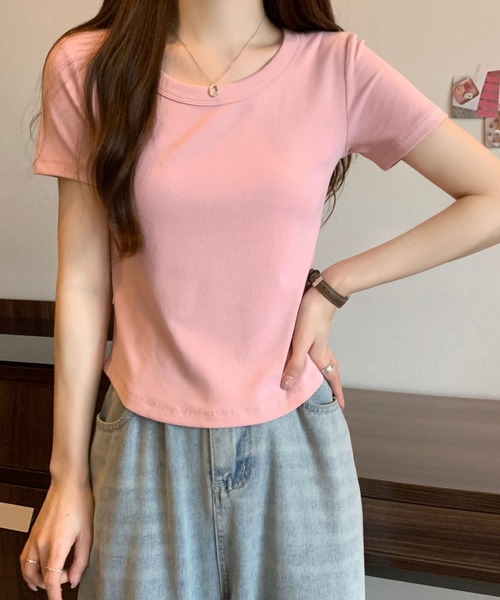 2ly2(トゥーリートゥー)の「リブクルーネックTシャツ(Tシャツ/カットソー・レディース・ホワイト/ライトグレー/ブラック/ベージュ/グレー/カーキ/ピンク/イエロー/オレンジ/ブルー/ライトグリーン/ダークグレー/ダークベージュ・FREE)」の12枚目の写真