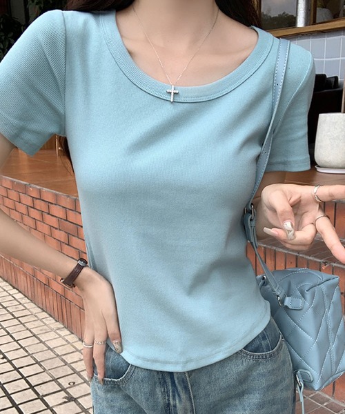 2ly2(トゥーリートゥー)の「リブクルーネックTシャツ(Tシャツ/カットソー・レディース・ホワイト/ライトグレー/ブラック/ベージュ/グレー/カーキ/ピンク/イエロー/オレンジ/ブルー/ライトグリーン/ダークグレー/ダークベージュ・FREE)」の10枚目の写真