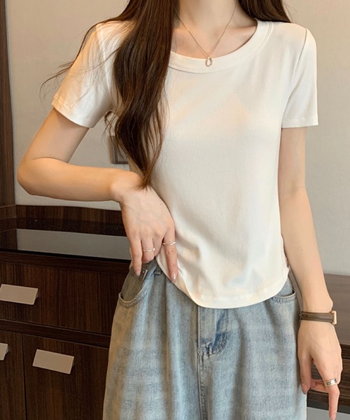 2ly2(トゥーリートゥー)の「リブクルーネックTシャツ(Tシャツ/カットソー・レディース・ホワイト/ライトグレー/ブラック/ベージュ/グレー/カーキ/ピンク/イエロー/オレンジ/ブルー/ライトグリーン/ダークグレー/ダークベージュ・FREE)」の14枚目の写真