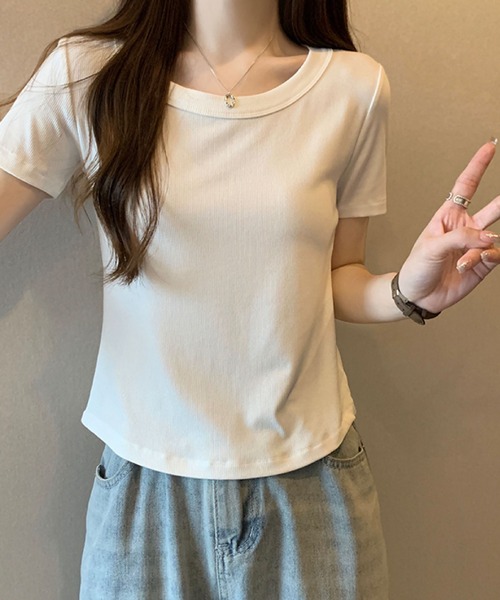 2ly2(トゥーリートゥー)の「リブクルーネックTシャツ(Tシャツ/カットソー・レディース・ホワイト/ライトグレー/ブラック/ベージュ/グレー/カーキ/ピンク/イエロー/オレンジ/ブルー/ライトグリーン/ダークグレー/ダークベージュ・FREE)」の16枚目の写真