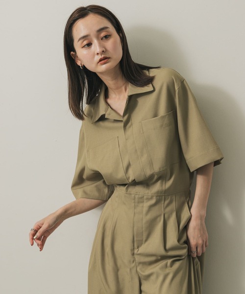 mystywomanサロペットSUREVEパフスリーブシャツコーデセットML セール】深Vネックハイウエストフレンチスリーブシャーリング