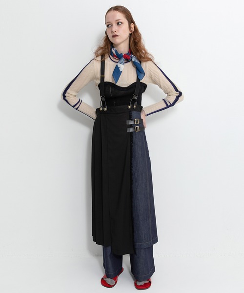 AULA AILA(アウラアイラ)の「チェックデニムコンビネーションサロペット(サロペット/オーバーオール・レディース・ブラック/グレー/ブルー・0/1)」の1枚目の写真