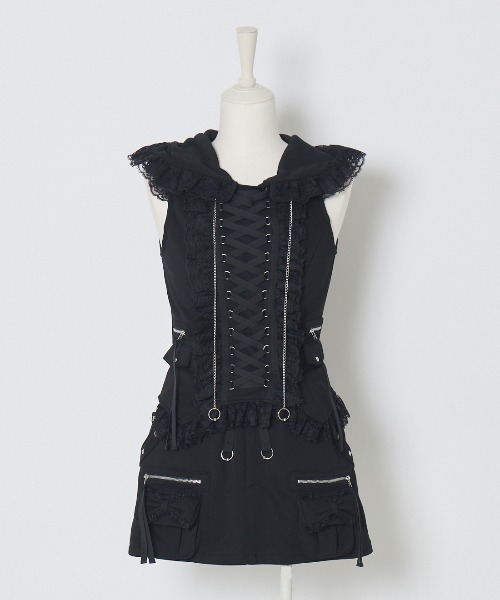 Lace-up frilled lace sleeveless hoodie（その他トップス
