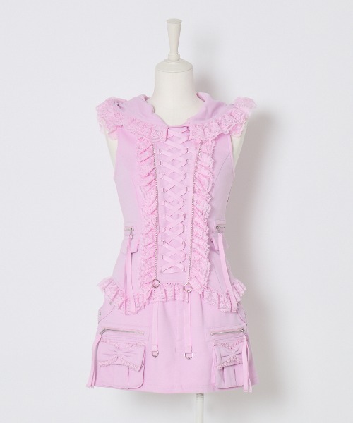 Lace-up frilled lace sleeveless hoodie（その他トップス