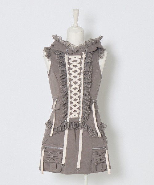 Lace-up frilled lace sleeveless hoodie（その他トップス