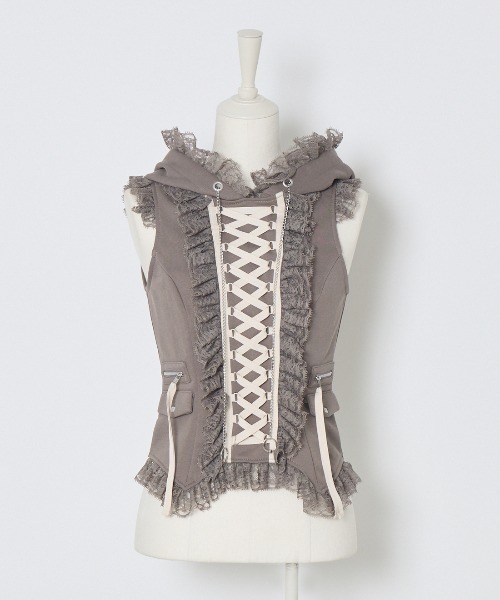 Lace-up frilled lace sleeveless hoodie（その他トップス