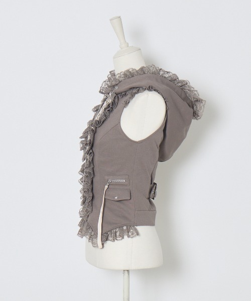 Lace-up frilled lace sleeveless hoodie（その他トップス