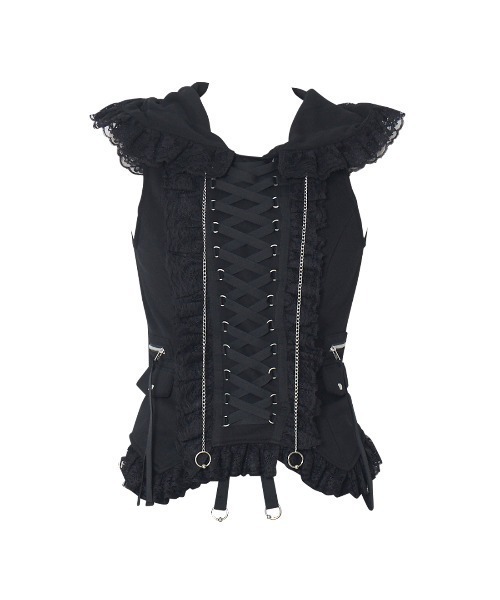 Lace-up frilled lace sleeveless hoodie（その他トップス