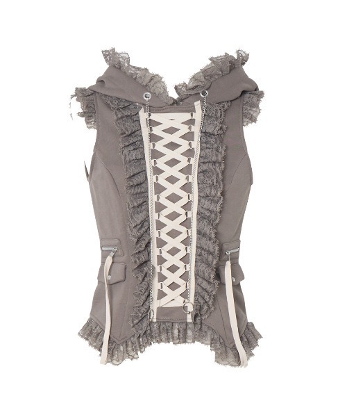 【送料無料/新品】 Lace-up frilled lace sleeveless hoodie（その他トップス トップス