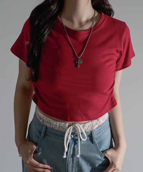 apres jour mignon(アプレジュールミニョン)の「サイドシャーリングクロップドTシャツ【ZOZOTOWN限定アイテム】(Tシャツ/カットソー・レディース・ブラック/ピンク系その他/オフホワイト/ナチュラル/レッド・フリー/X-LARGE)」の13枚目の写真