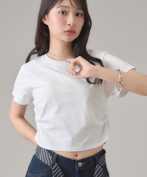 apres jour mignon（アプレジュールミニョン）の「サイドシャーリングクロップドTシャツ（Tシャツ/カットソー・レディース・ブラック/ピンク系その他/オフホワイト/ナチュラル/レッド/ホワイト系その他/ネイビー/ブラック系その他/グレー・フリー/X-LARGE）」の15枚目の写真