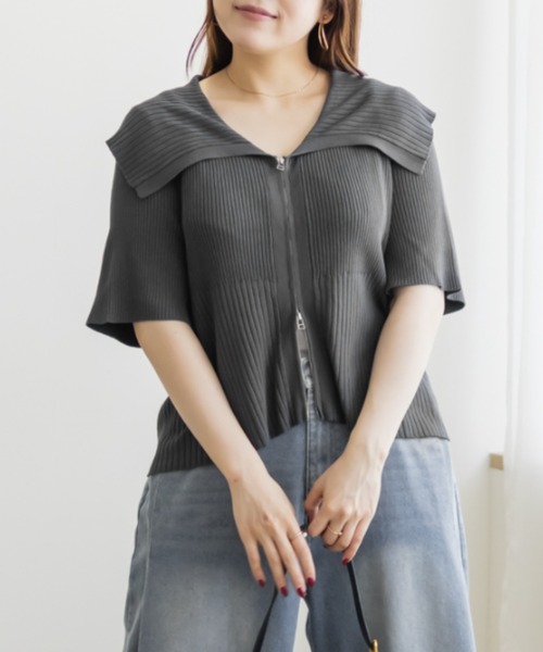 CLETTE(クレット)の「ダブルジップリブニット(ニット/セーター・レディース・ブルー/チャコールグレー/ブラック・LL/3L/4L)」の1枚目の写真